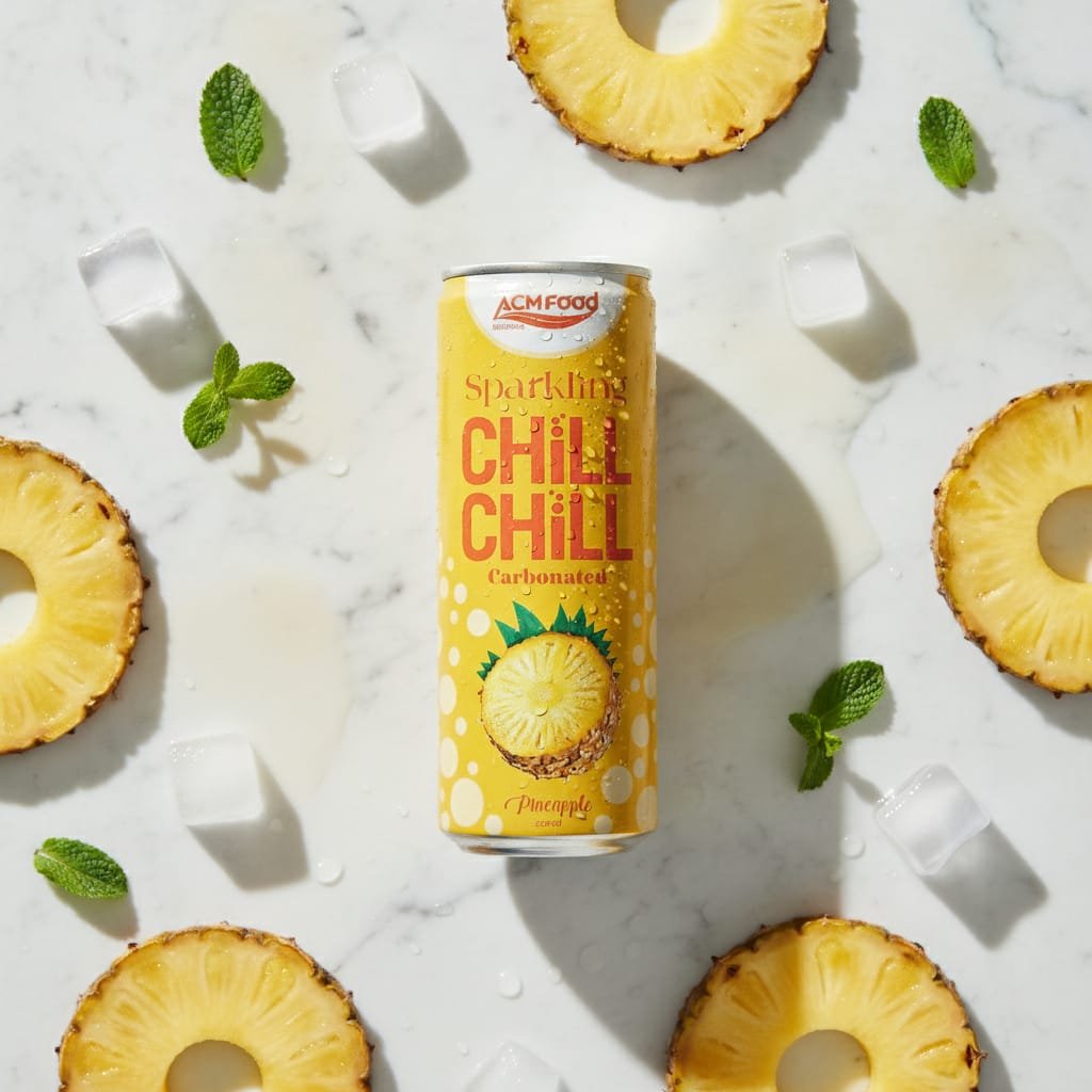Close-up of pineapple slices and ice with sparkling juice can in background