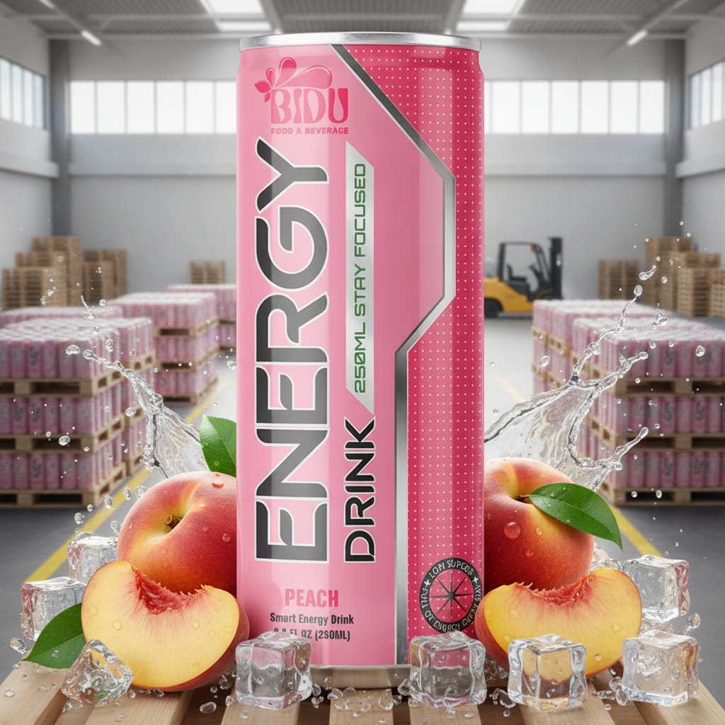 Export-ready pallets of 250ml peach flavor energy drink cans in a modern warehouse Pallet of peach energy drink cans in warehouse