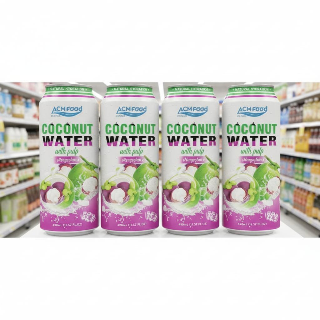 Supermarket shelf display with coconut water mangosteen cans and functional beverages