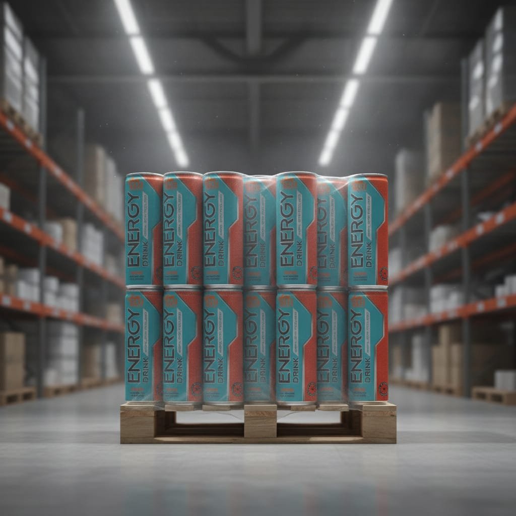 Stack of 250ml orange energy drink cans in a modern warehouse
