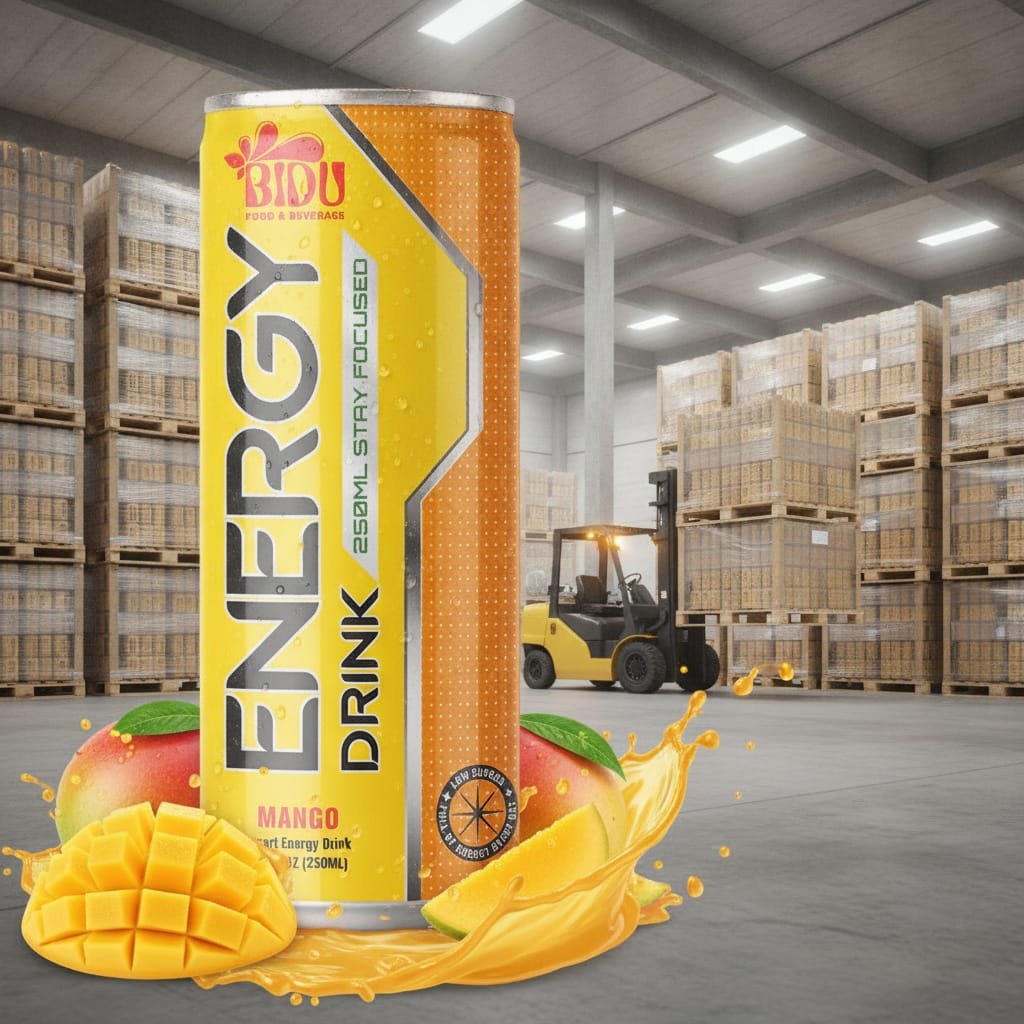 Pallet of mango energy drink 250ml cans in warehouse for export logistics Mango energy drink cans on a pallet ready for export