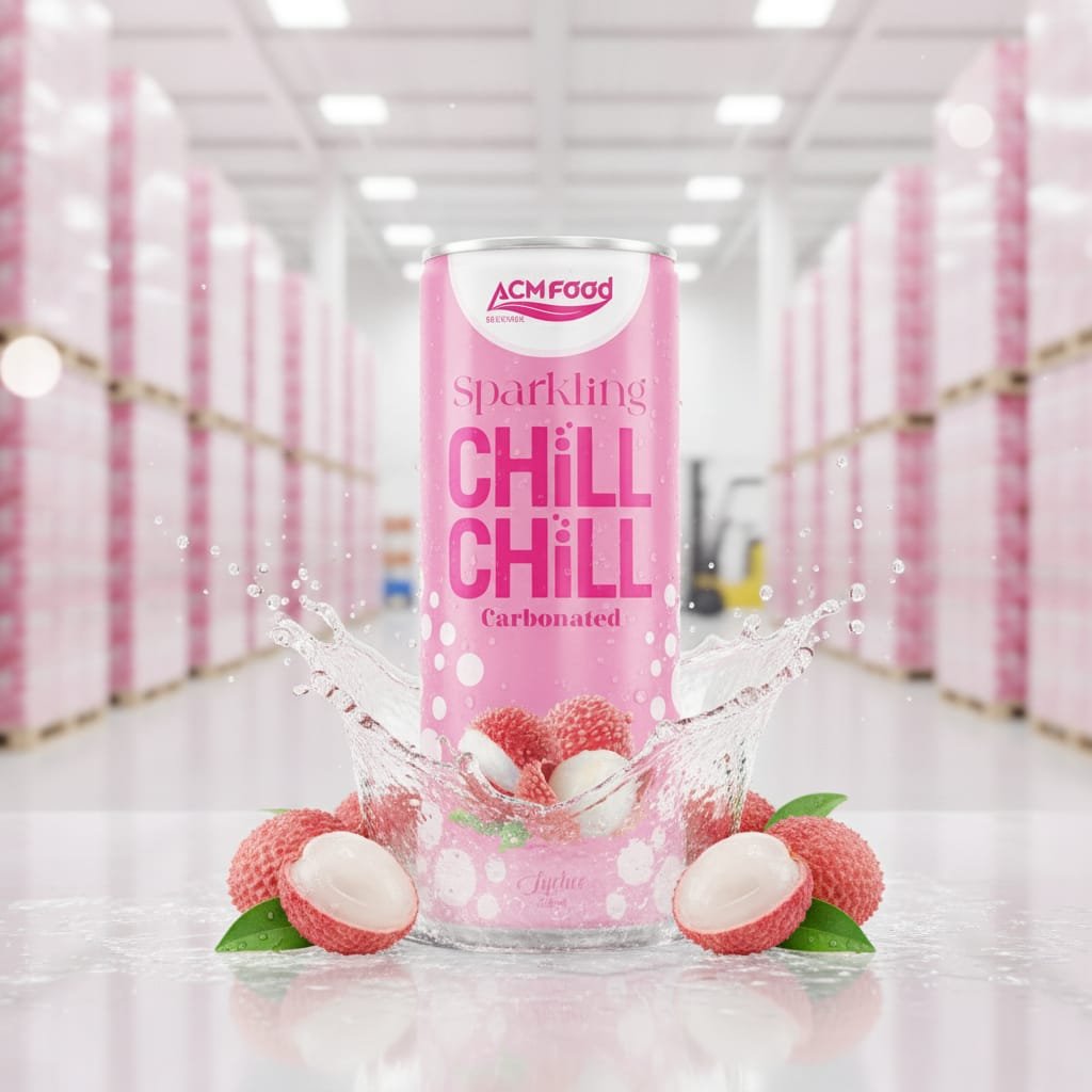 Pallets of Lychee Sparkling Juice 250ml cans in factory warehouse