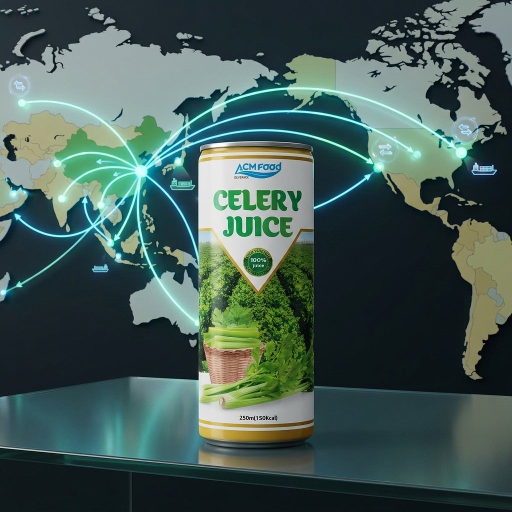 A world map with trade route lines connecting production hubs to major markets with a can of celery juice drink in the c