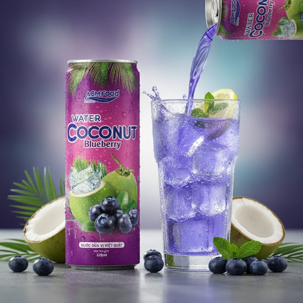 Blueberry coconut water being poured into a glass over ice with mint leaves