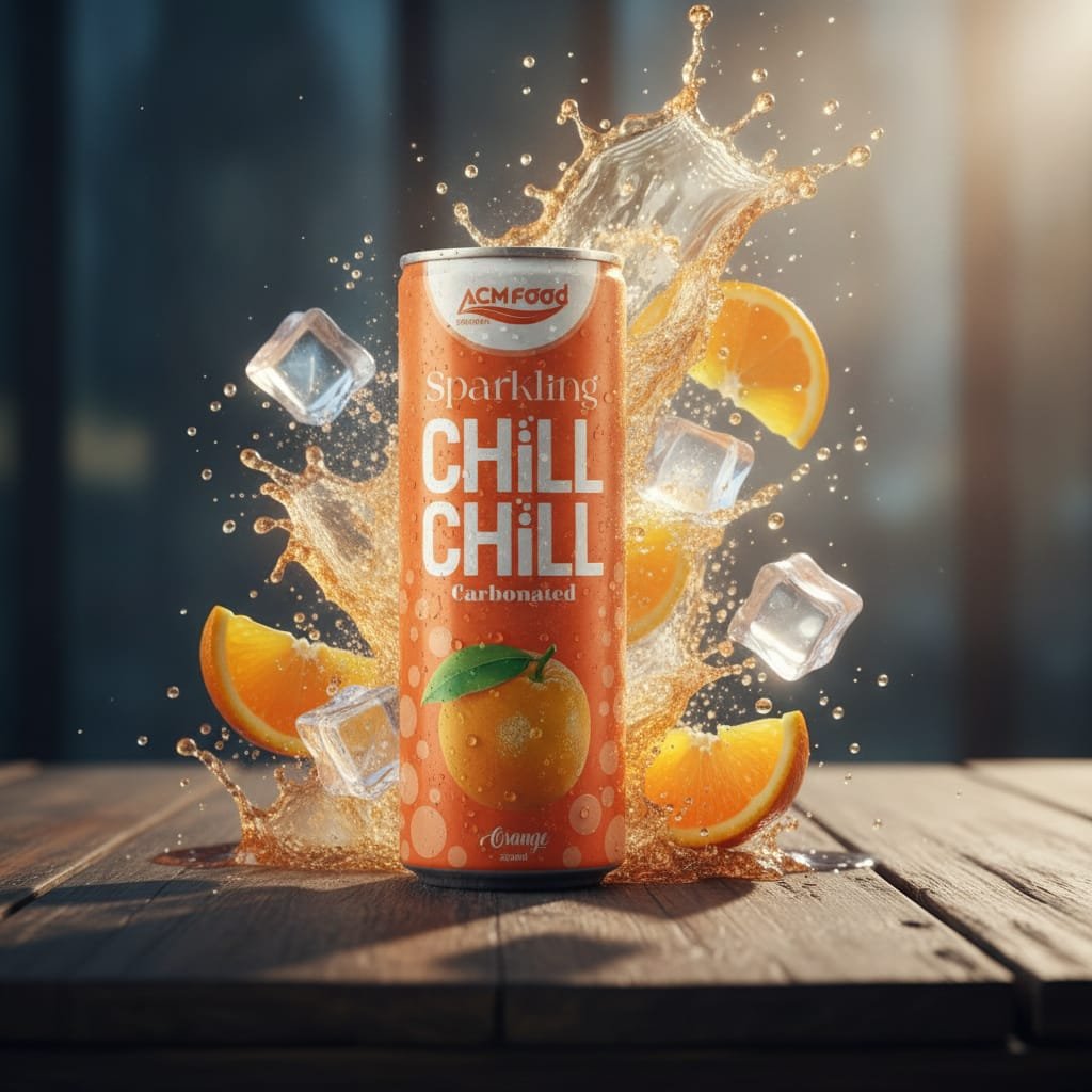 Orange Sparkling Juice being poured into a glass with ice