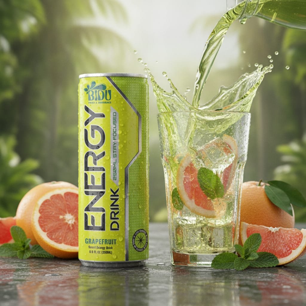 Close-up of grapefruit energy drink being poured into a glass with ice and grapefruit wedge garnish