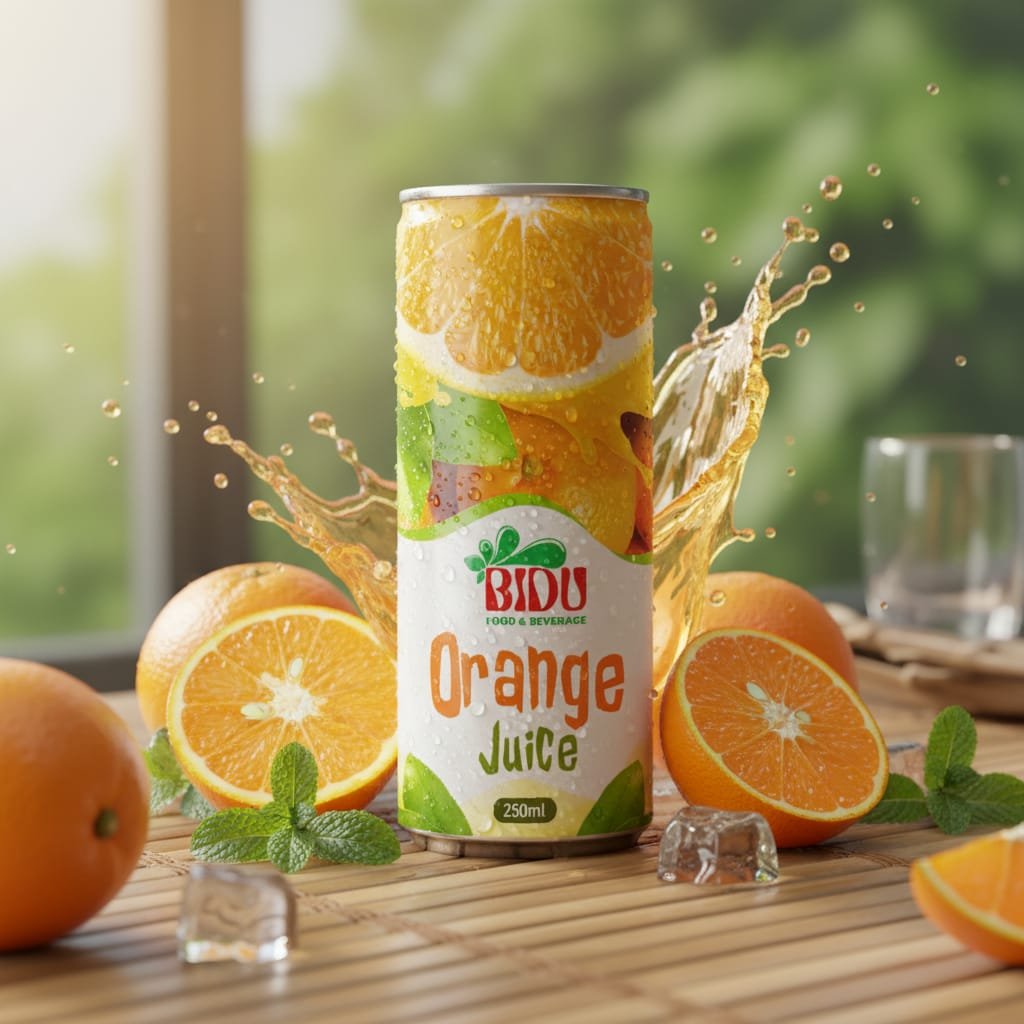 BIDU Orange Juice can with fresh oranges and tropical setting