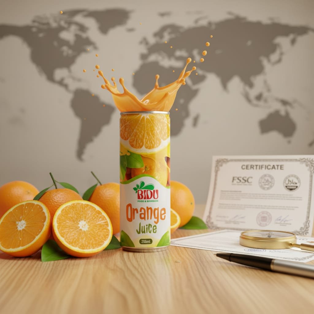 Global map background with BIDU Orange Juice and certification logos