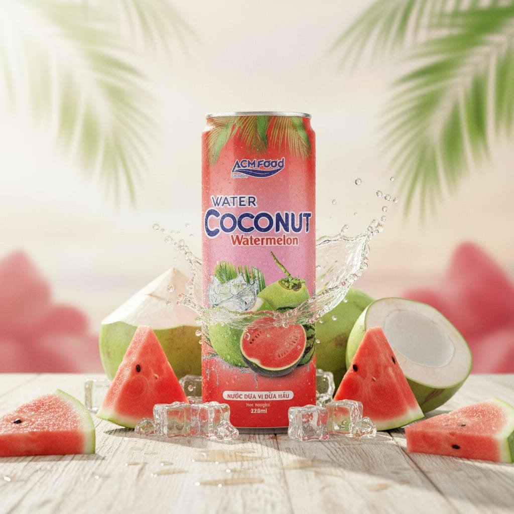 Watermelon Coconut Water Alu-Can 320ml can on a wooden table with fresh watermelon slices and coconut halves