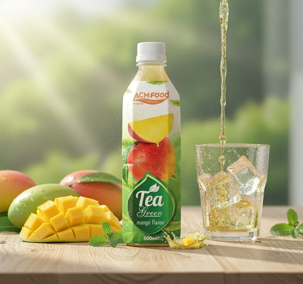 Product shot of ACM High Quality Green Tea with Mango Drink in 500ml PET bottle surrounded by fresh mango, green tea leaves, and ice cubes - luxury beverage photography 500ml ACM Green Tea with Mango bottle on wooden table with fresh mango slices and green tea leaves