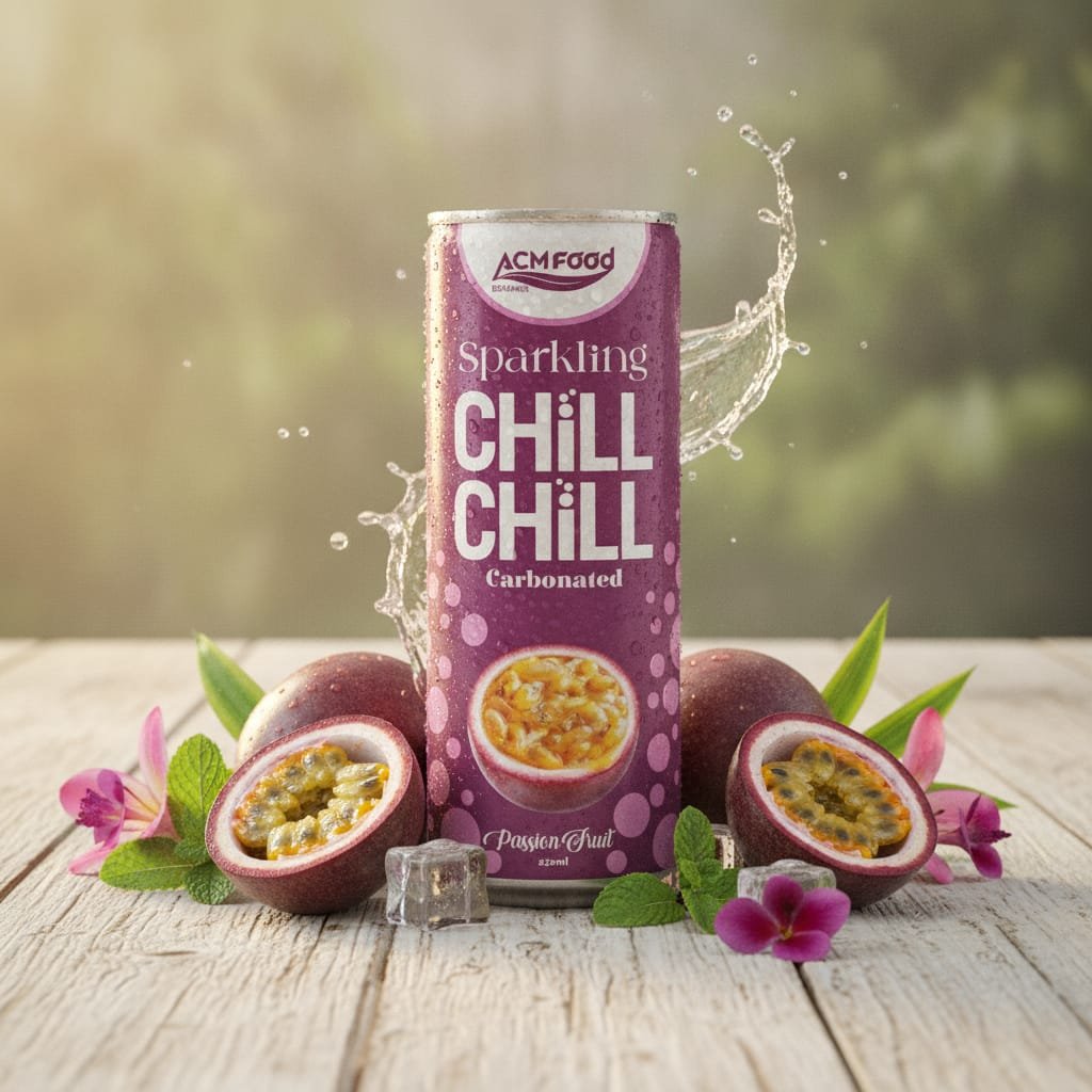 Passion fruit sparkling juice in 250ml can with fresh passion fruit and ice cubes
