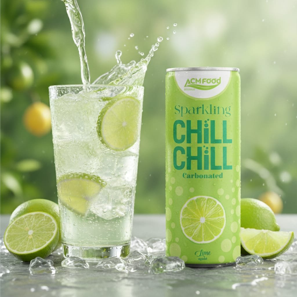 Refreshing 250ml aluminum can of Lime Sparkling Juice with condensation and lime garnish Lime sparkling juice poured into a glass with ice cubes and lime slices