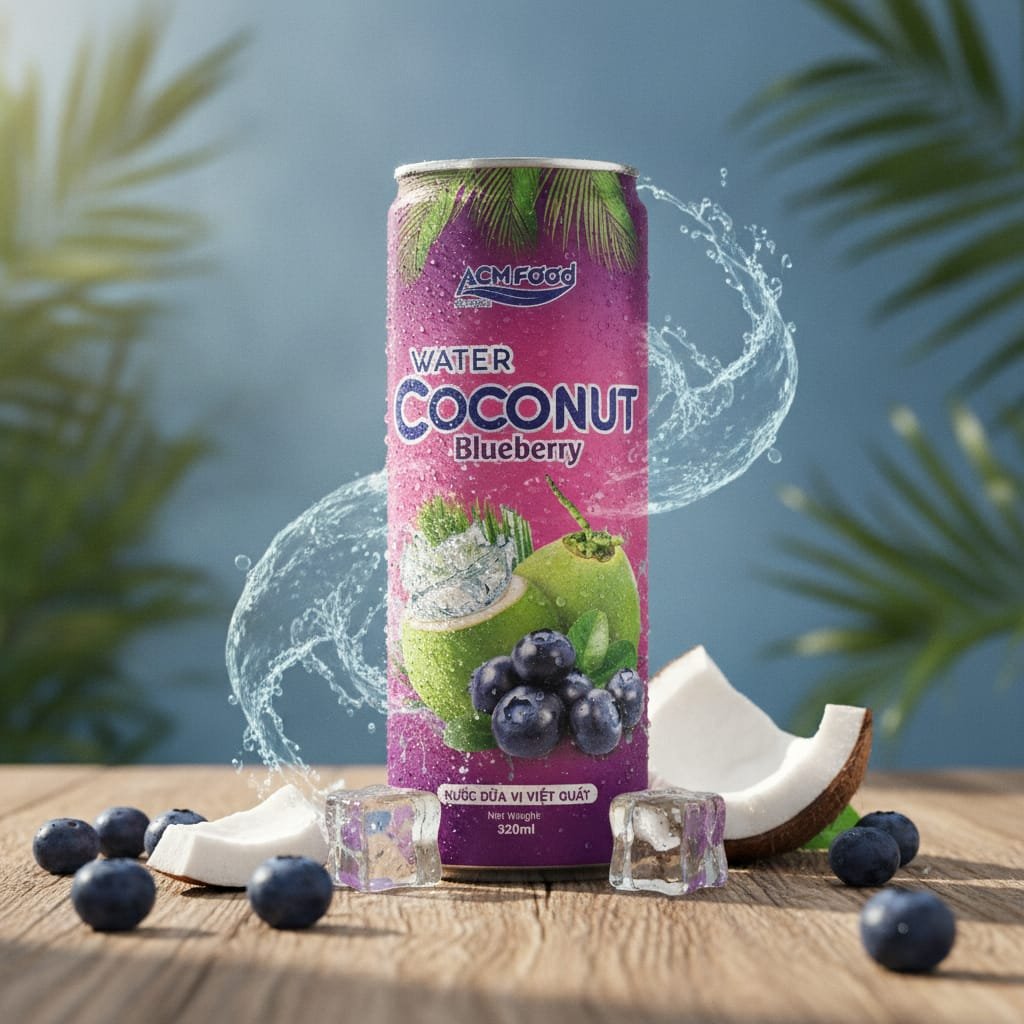 Blueberry coconut water drink 320ml can with fresh blueberries and coconut backdrop