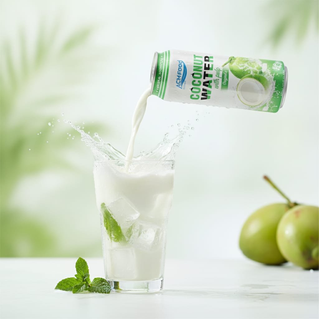 Pouring natural coconut water with pulp from a 500ml can into a glass with ice cubes and mint leaves Close-up of clear coconut water being poured from a can with pulp visible