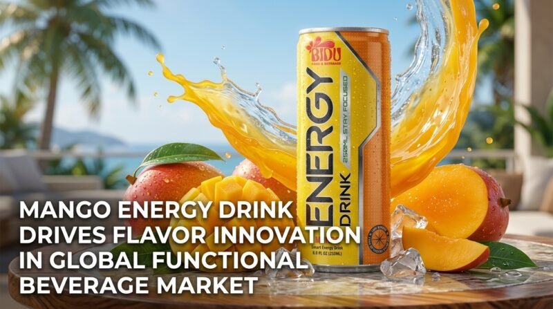 Mango energy drink can with fresh mango and ice in a tropical setting