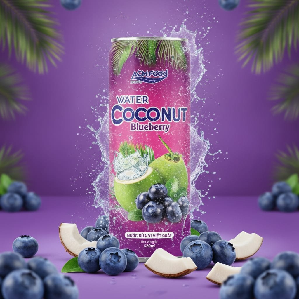 Assorted packaging formats of blueberry coconut water including cans and bottles