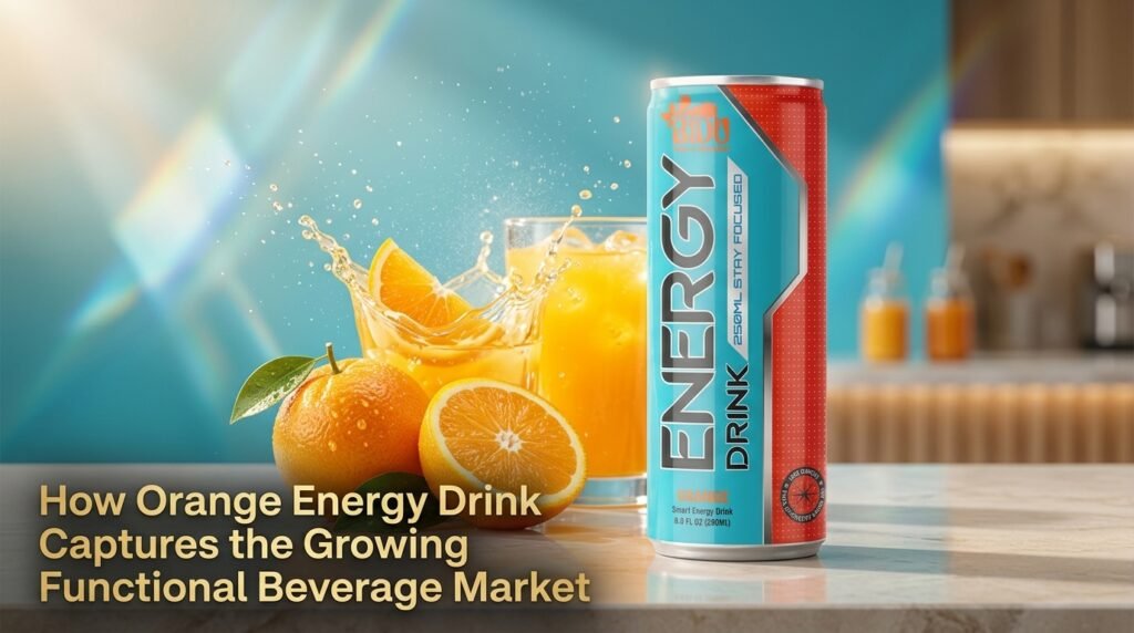 Featured image: BIDU Orange Energy Drink 250ml can with market growth text overlay