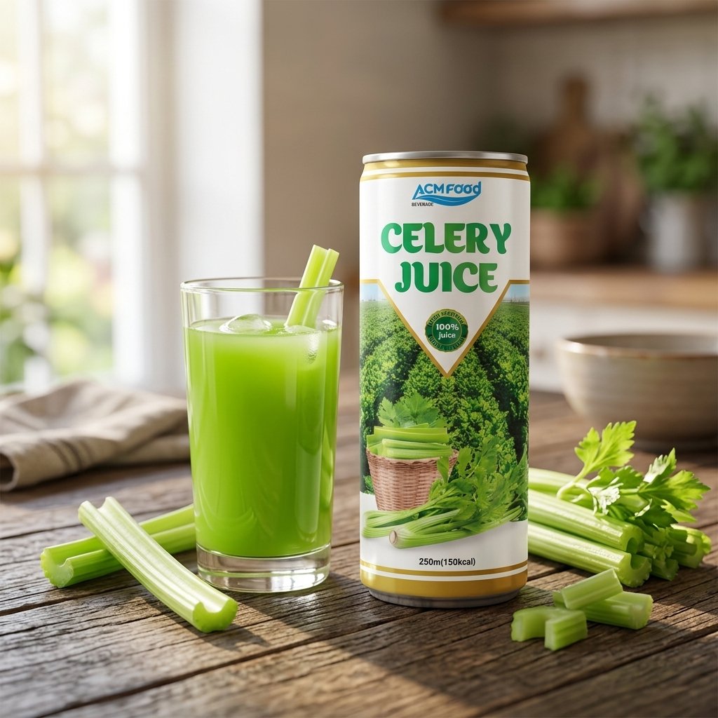 A glass of fresh green celery juice next to a stalk of celery with light background emphasizing naturalness