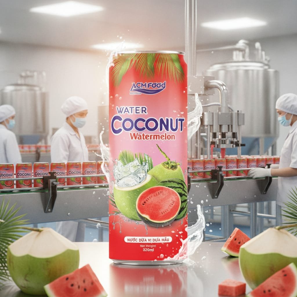 Factory worker inspecting Watermelon Coconut Water cans on a modern production line