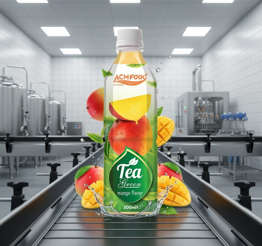 Modern OEM beverage manufacturing facility producing ACM 500ml green tea mango drink with stainless steel tanks and conveyor belt OEM beverage production line with ACM mango green tea bottles