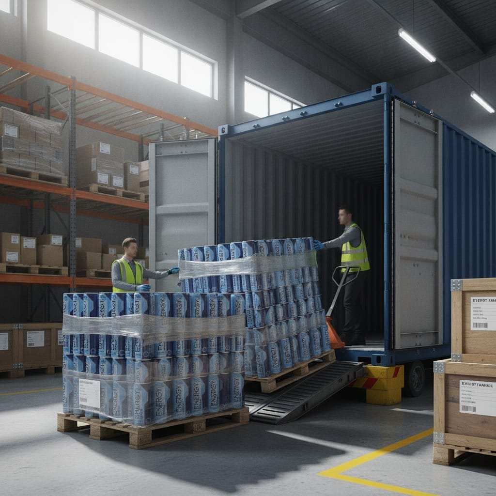 Natural energy drink cans being loaded for export shipping
