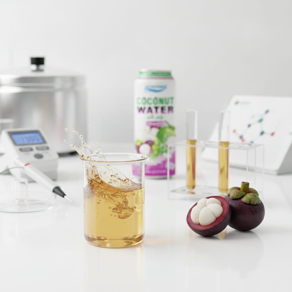 BIDU beverage R&D: custom formulation development for mangosteen coconut water OEM products Beverage R&D lab testing mangosteen coconut water formulation