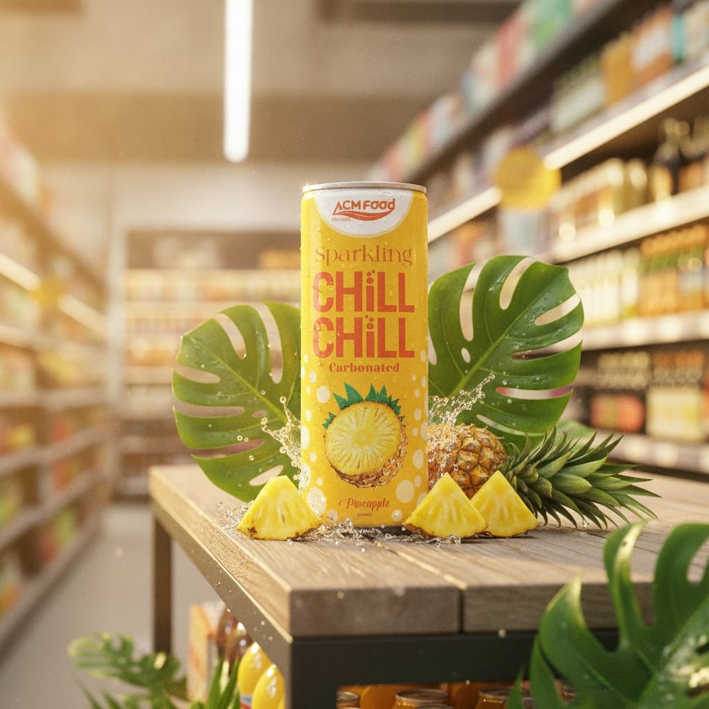 Pineapple sparkling juice can on retail shelf with tropical decor